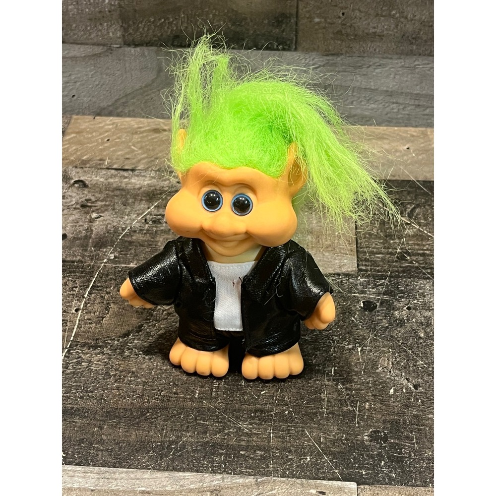 Vintage 1991 ITB Troll Doll Neon Green Hair Biker Faux Leather Jacket Blue Eyes
